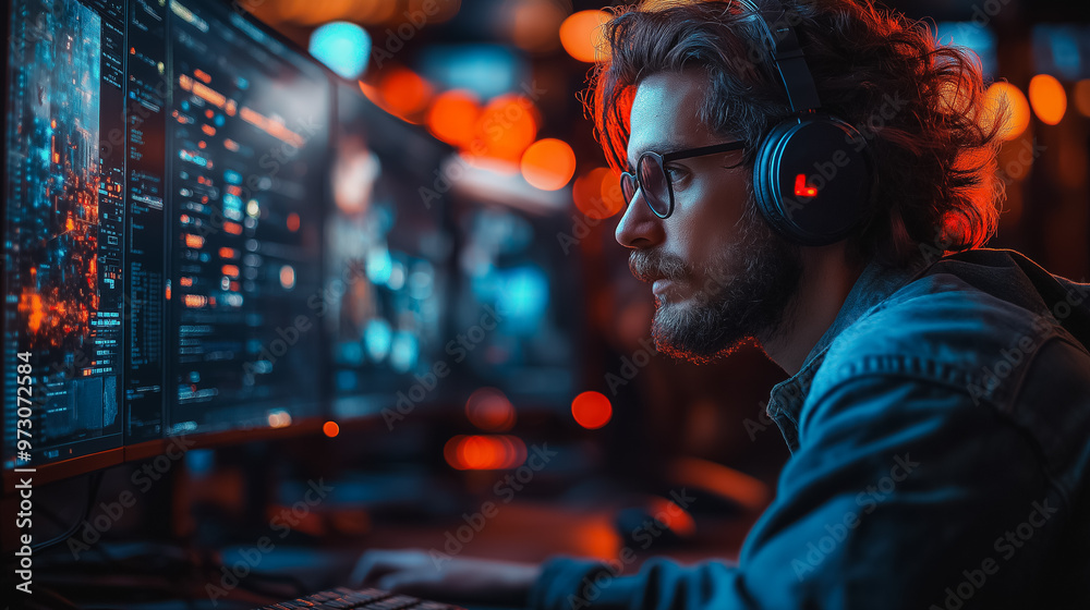 A man wearing headphones is looking at a computer monitor. He is wearing glasses and has a beard. Concept of focus and concentration as the man works on his computer A man wearing headphones is looking at a computer monitor. He is wearing glasses and has a beard. Concept of focus and concentration as the man works on his computer