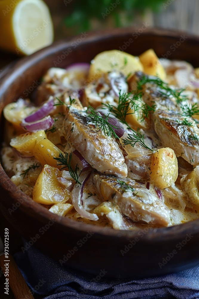 Śledź w Śmietanie - Herring in sour cream, often served with onions and pickles as a starter or side dish. Śledź w Śmietanie - Herring in sour cream, often served with onions and pickles as a starter or side dish.