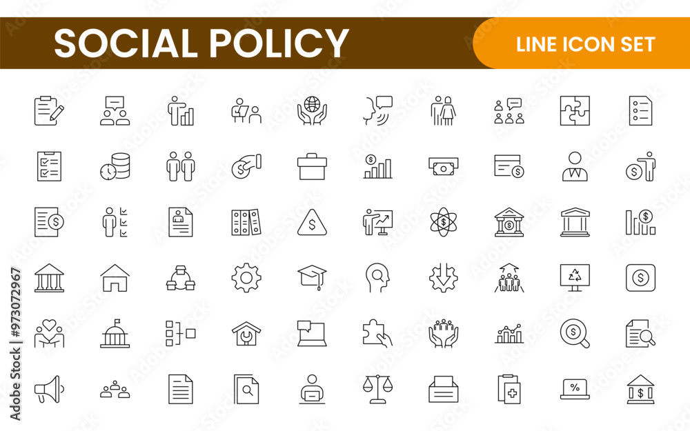 Set of Social Policy and Insuranceline icons. Outline icon collection related to education, insurance, law, goverment and more. Set of Social Policy and Insuranceline icons. Outline icon collection related to education, insurance, law, goverment and more.