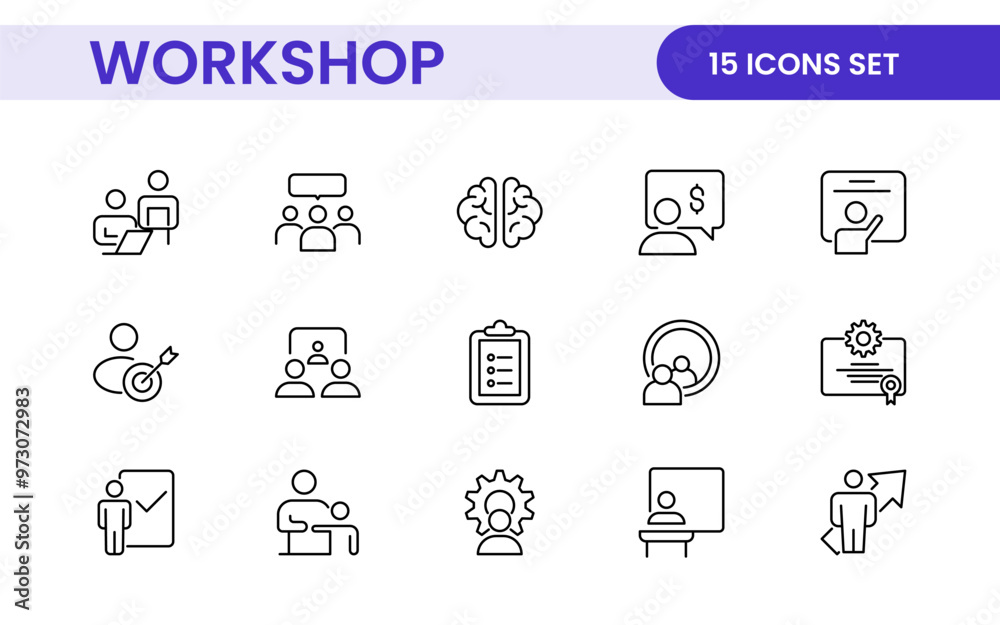 Set of Workshop and Coaching line icons. Outline icon collection related to training, coaching, mentoring, education, meetings, conferences, and teamwork. Set of Workshop and Coaching line icons. Outline icon collection related to training, coaching, mentoring, education, meetings, conferences, and teamwork.