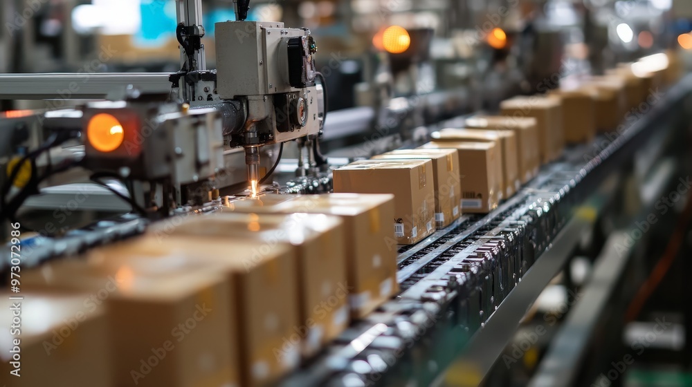 A manufacturing plant's packaging line is automated, with machines efficiently packing products for shipment. A manufacturing plant's packaging line is automated, with machines efficiently packing products for shipment.