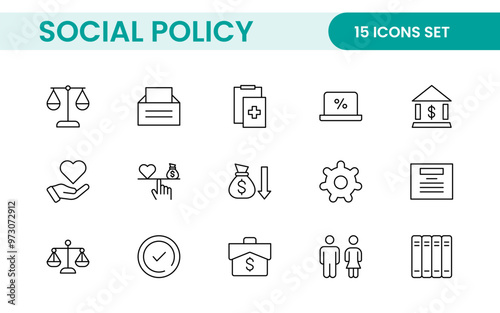 Set of Social Policy and Insuranceline icons. Outline icon collection related to education, insurance, law, goverment and more.