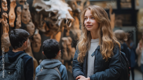 A girl with long hair stands in front of a display of dinosaur bones. She is smiling and looking at the display. There are other people in the background, some of them carrying backpacks