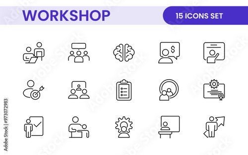 Set of Workshop and Coaching line icons. Outline icon collection related to training, coaching, mentoring, education, meetings, conferences, and teamwork.