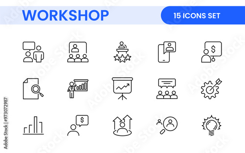Set of Workshop and Coaching line icons. Outline icon collection related to training, coaching, mentoring, education, meetings, conferences, and teamwork.