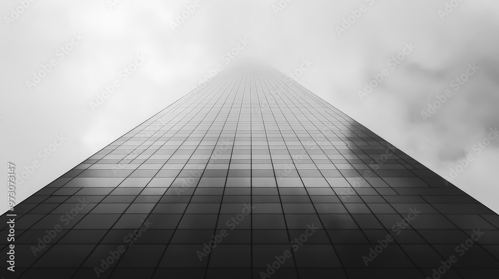 A minimalist skyscraper with a sleek, reflective surface rises into the sky, A minimalist skyscraper with a sleek, reflective surface rises into the sky,