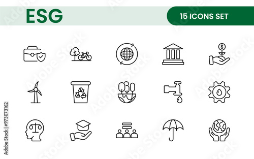 ESG flat line icon set. Outline icon collection related to ecology, environment social governance, risk management, sustainable developmen and more. photo