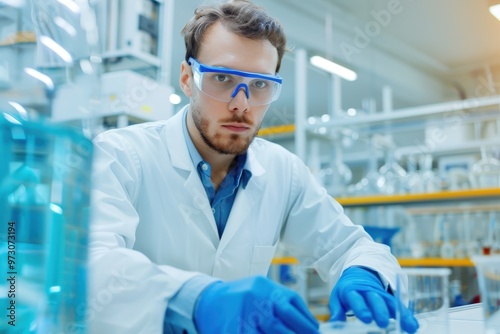 A scientist wearing protective eyewear and gloves working in a laboratory, surrounded by equipment and glassware, performing research or experiments.