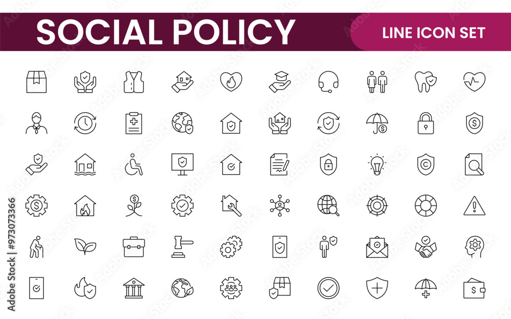 Set of Social Policy and Insuranceline icons. Outline icon collection related to education, insurance, law, goverment and more. Set of Social Policy and Insuranceline icons. Outline icon collection related to education, insurance, law, goverment and more.