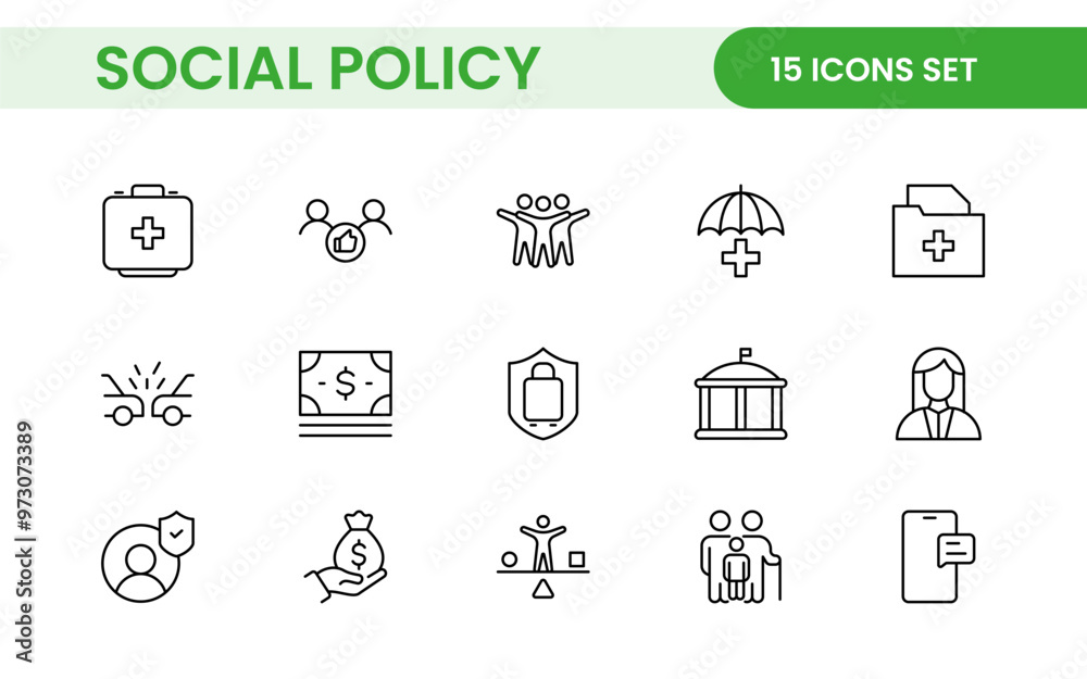Set of Social Policy and Insuranceline icons. Outline icon collection related to education, insurance, law, goverment and more. Set of Social Policy and Insuranceline icons. Outline icon collection related to education, insurance, law, goverment and more.