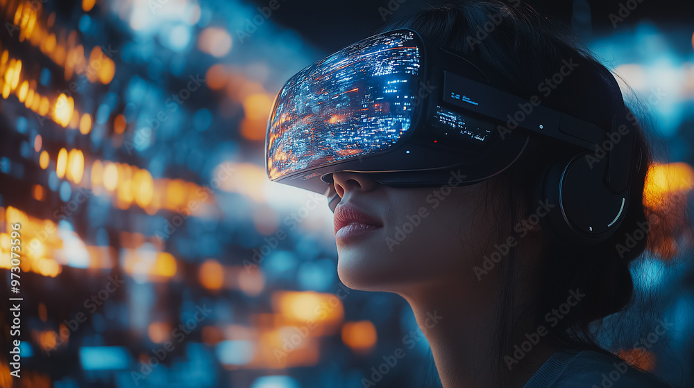 A woman wearing a virtual reality headset is looking at a cityscape. Concept of immersion and wonder as the woman explores the virtual world A woman wearing a virtual reality headset is looking at a cityscape. Concept of immersion and wonder as the woman explores the virtual world