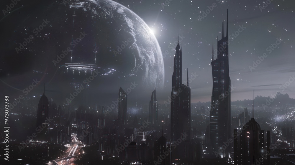 Fototapeta premium Futuristic Cityscape Underneath a Glowing Planet
