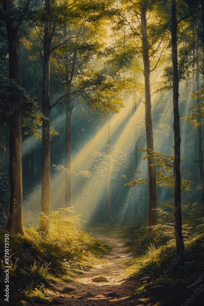 Obraz premium A serene forest with sunlight filtering through tall trees onto a peaceful path, ideal for themes of nature, relaxation, and tranquility