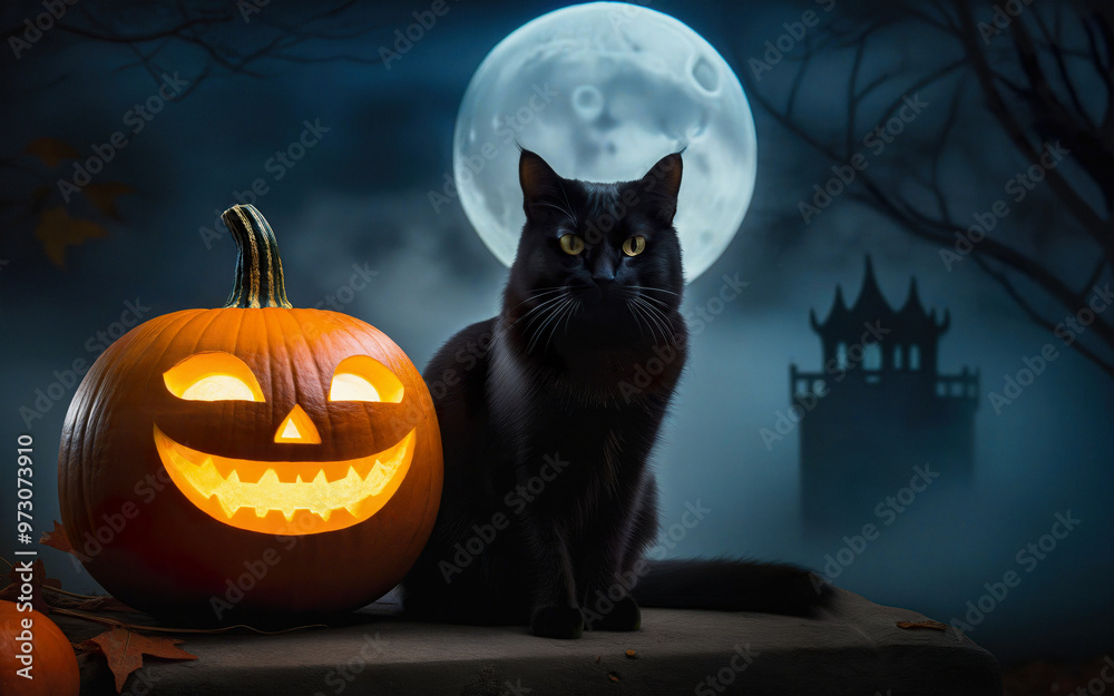black cat and glowing pumpkin, halloween concept black cat and glowing pumpkin, halloween concept