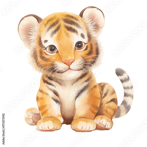 Adorable illustration of a baby tiger with big eyes and cute features, perfect for children's themes and animal designs.