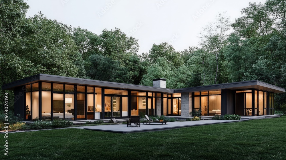 A new house with a mid-century modern design, featuring clean lines, large windows, and a flat roof. A new house with a mid-century modern design, featuring clean lines, large windows, and a flat roof.