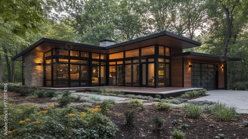 A new house with a mid-century modern design, featuring clean lines, large windows, and a flat roof.