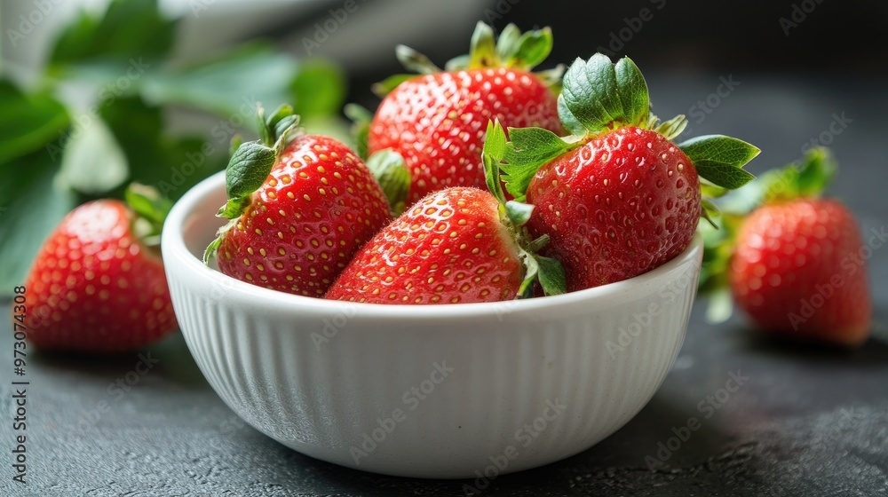 Close-up of fresh, ripe strawberries with their green leaves still attached, arranged in a white ceramic bowl. Close-up of fresh, ripe strawberries with their green leaves still attached, arranged in a white ceramic bowl.