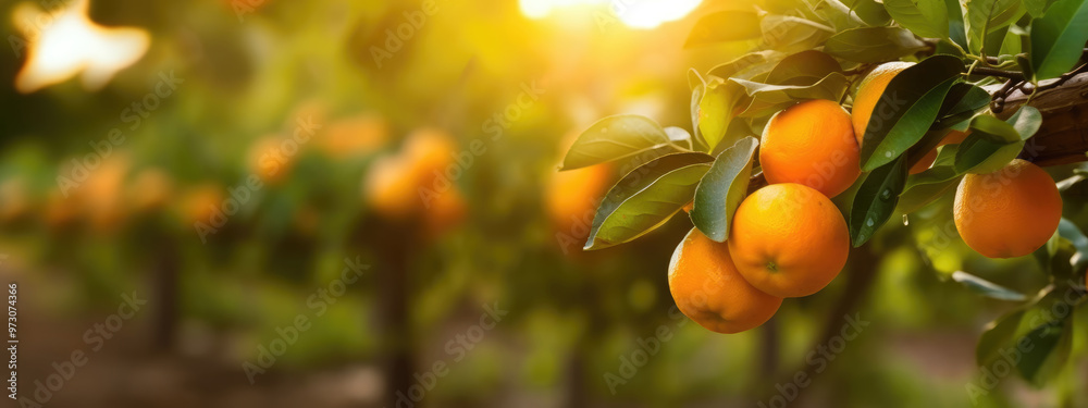 Branch of orange tree with ripe fruits in an orchard Branch of orange tree with ripe fruits in an orchard