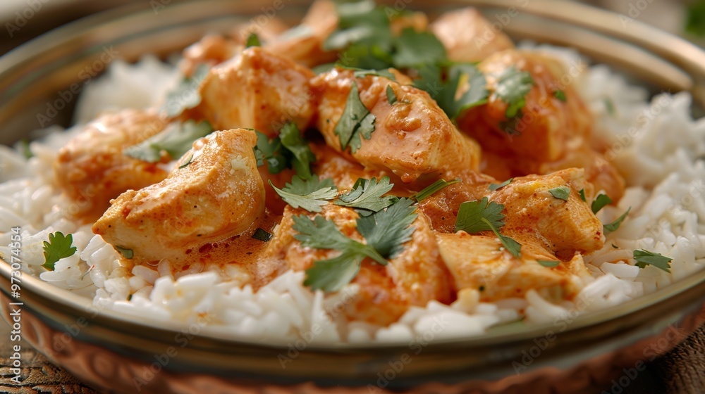 chicken tikka masala with jasmine rice and fresh cilantro, served in a traditional copper dish. chicken tikka masala with jasmine rice and fresh cilantro, served in a traditional copper dish.