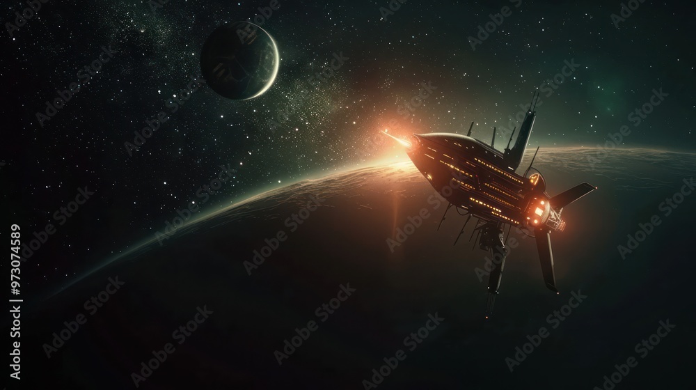 Naklejka premium Spacecraft Approaching Planet