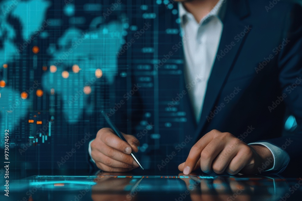 Business professional using a pen to interact with a digital interface displaying global financial data and world maps, analyzing market trends. Business professional using a pen to interact with a digital interface displaying global financial data and world maps, analyzing market trends.