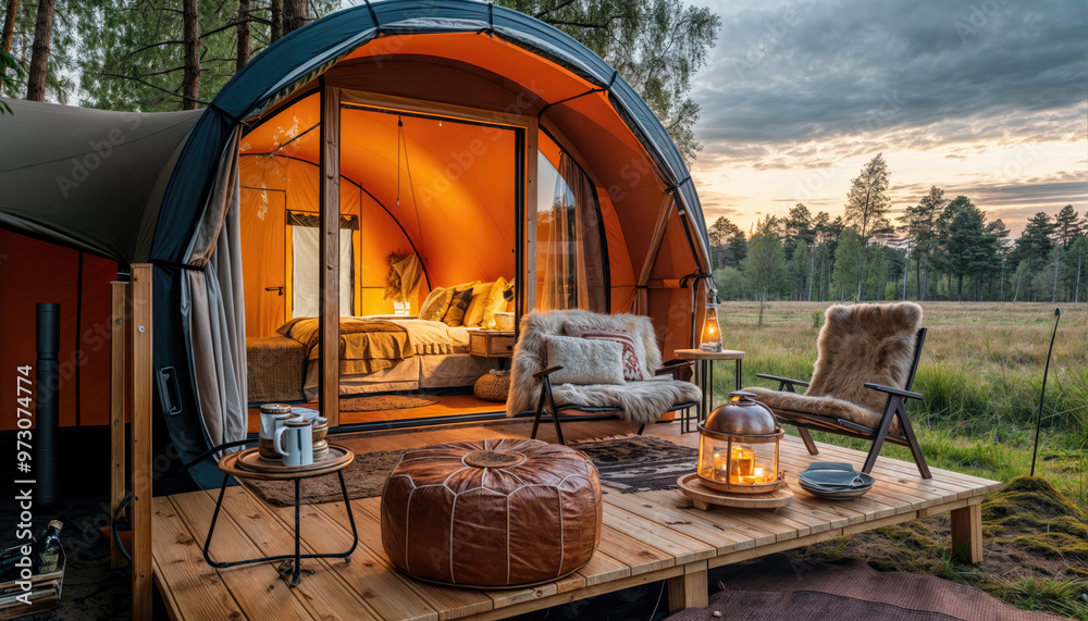 Modern glamping tent with cozy interior lighting up a forest Modern glamping tent with cozy interior lighting up a forest