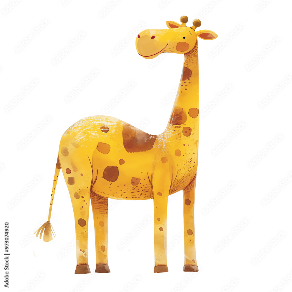 Cute cartoon giraffe illustration with yellow spots, standing on a white background. Perfect for children's books and educational materials. Cute cartoon giraffe illustration with yellow spots, standing on a white background. Perfect for children's books and educational materials.