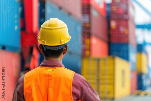 A logistics worker holding a clipboard, inspecting shipping containers at a port, focusing on transportation and cargo management.