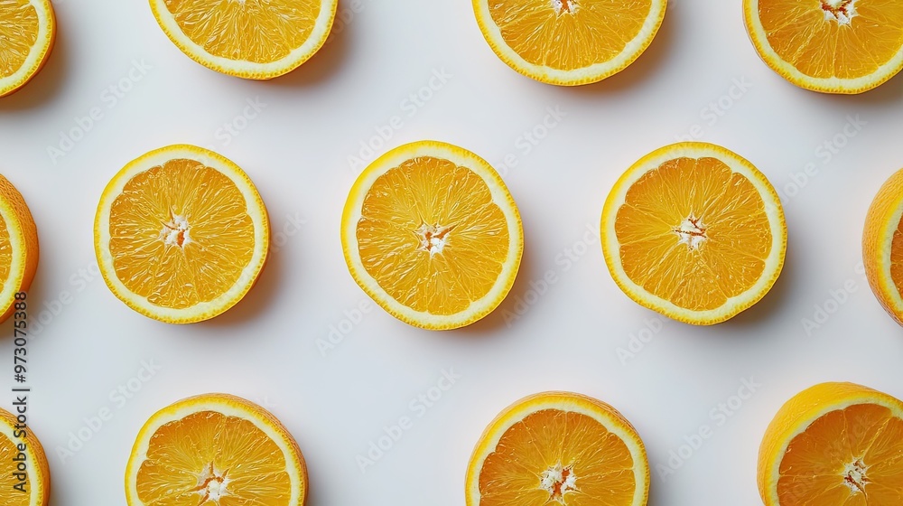 Fototapeta premium Sliced oranges arranged in a circular pattern on a white background, showcasing their bright, juicy flesh