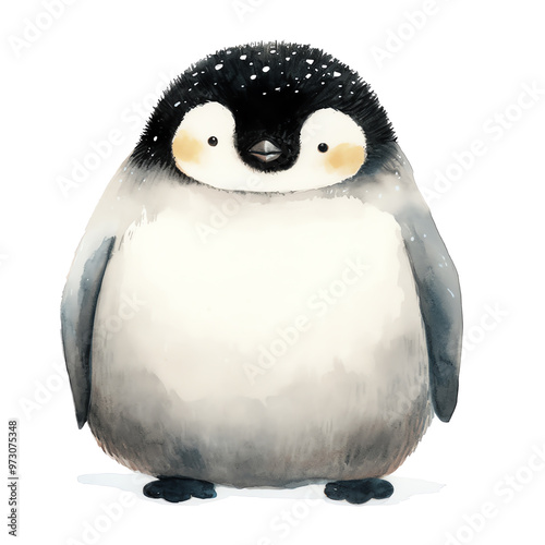 Cute illustration of a baby penguin with fluffy feathers, perfect for children's books, greeting cards, and winter-themed projects. photo