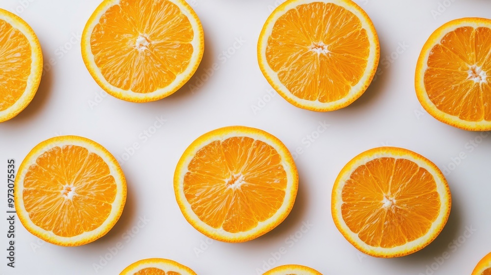 Sliced oranges arranged in a circular pattern on a white background, showcasing their bright, juicy flesh. Sliced oranges arranged in a circular pattern on a white background, showcasing their bright, juicy flesh.