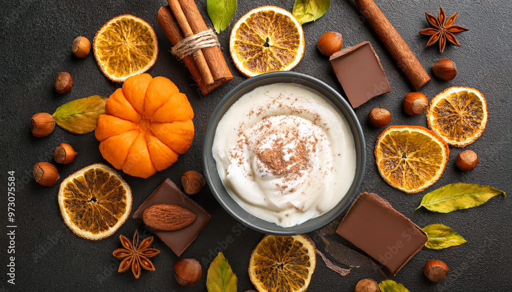 Cream and chocolate, dried oranges, cinnamon, hazelnuts and autumn leaves on dark stone background
Cream and chocolate, dried oranges, cinnamon, hazelnuts and autumn leaves on dark stone background