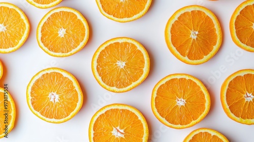 Sliced oranges arranged in a circular pattern on a white background, showcasing their bright, juicy flesh.