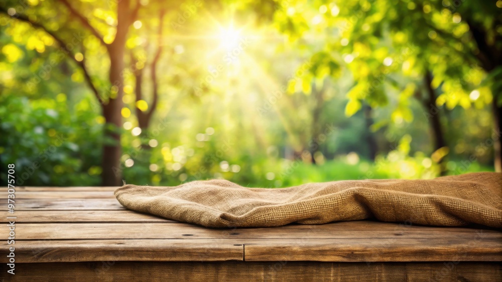 Empty wooden coffee table with a sack tablecloth in a park garden setting with bokeh light Empty wooden coffee table with a sack tablecloth in a park garden setting with bokeh light