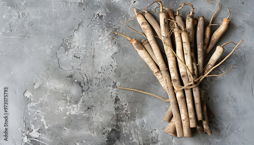 Raw salsify roots on grey table, flat lay photo