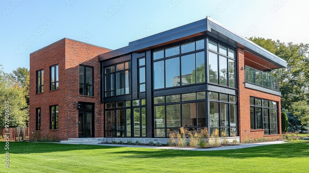 A newly constructed house with an industrial design, featuring exposed brick, metal accents, and large factory-style windows A newly constructed house with an industrial design, featuring exposed brick, metal accents, and large factory-style windows