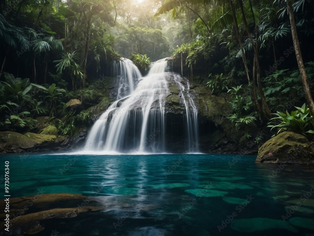 Majestic waterfall into a tranquil pool in a tropical forest Majestic waterfall into a tranquil pool in a tropical forest