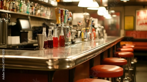 Wallpaper Mural A nostalgic soda fountain with a shiny counter, glass soda bottles, and classic bar stools Torontodigital.ca