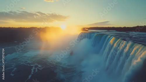 A time-lapse shot of the sun rising over niagara falls, with the mist glowing in the morning light. Niagara Falls. Illustration photo