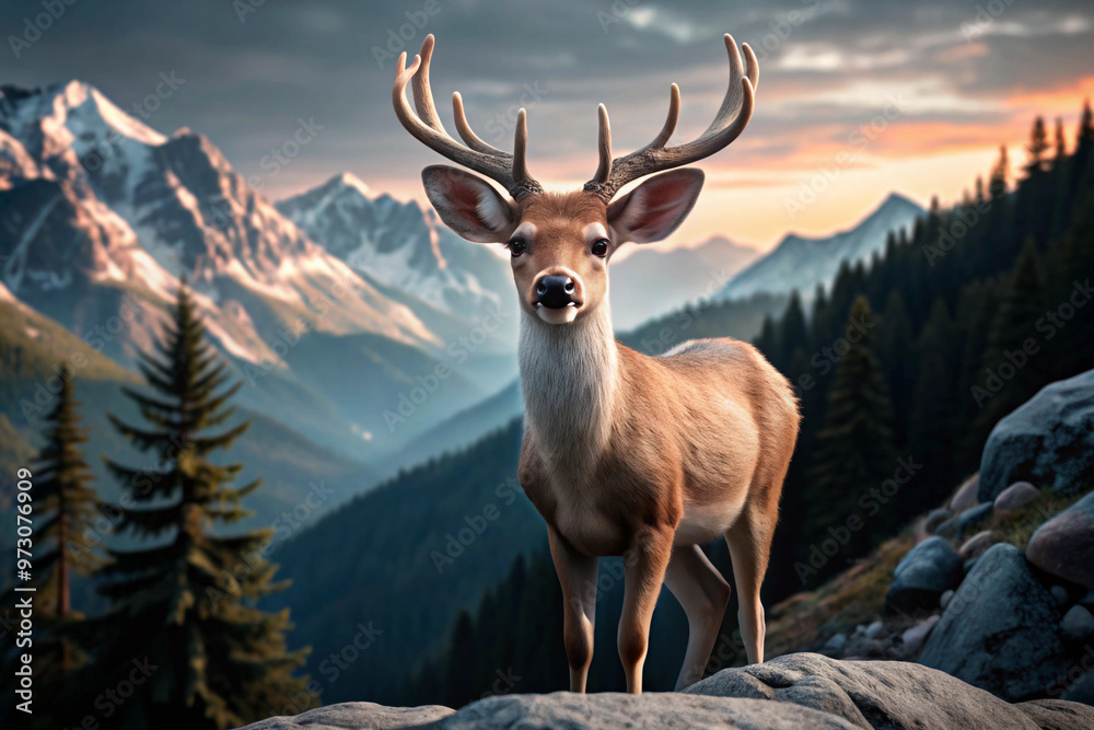 Fototapeta premium A Deer Stands on a Rock Cliff Overlooking Mountains