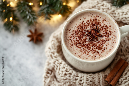 Warm cup of hot chocolate with cinnamon sits on a rustic table, evoking cozy holiday vibes