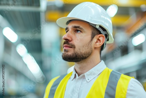 A young engineer wearing a white safety helmet and high visibility vest inspecting factory operations, focused on safety and process efficiency.