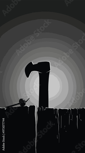 Silhouette of hammer driving nail into plank, construction and repair tools in action, black and white hardware illustration