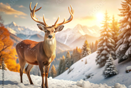 A Deer Standing in a Snowy Mountain Landscape at Sunset