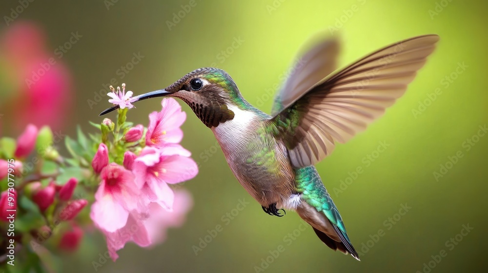 Fototapeta premium Hummingbird in flight, feeding from a flower 
