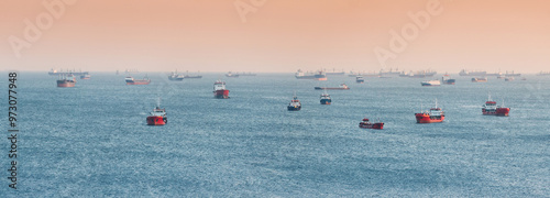 Canvas Print Many ships and tankers at anchor are waiting to pass through the Bosphorus Strai