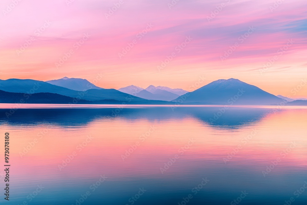 A calm lake at sunset, with vibrant colors reflecting on the water and a silhouette of distant mountains. Ideal for promoting relaxation and tranquility A calm lake at sunset, with vibrant colors reflecting on the water and a silhouette of distant mountains. Ideal for promoting relaxation and tranquility