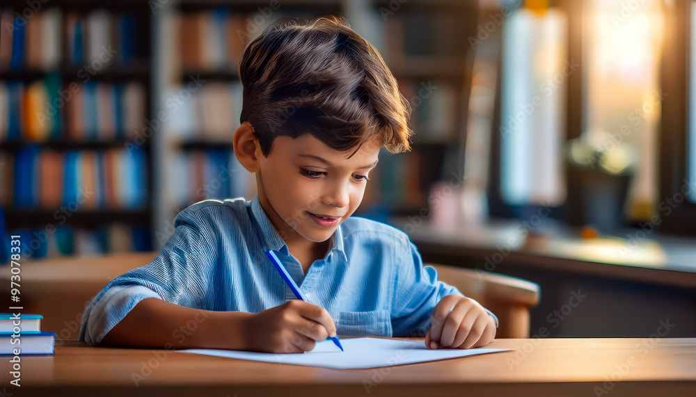 Little boy write to blank paper on desk Little boy write to blank paper on desk