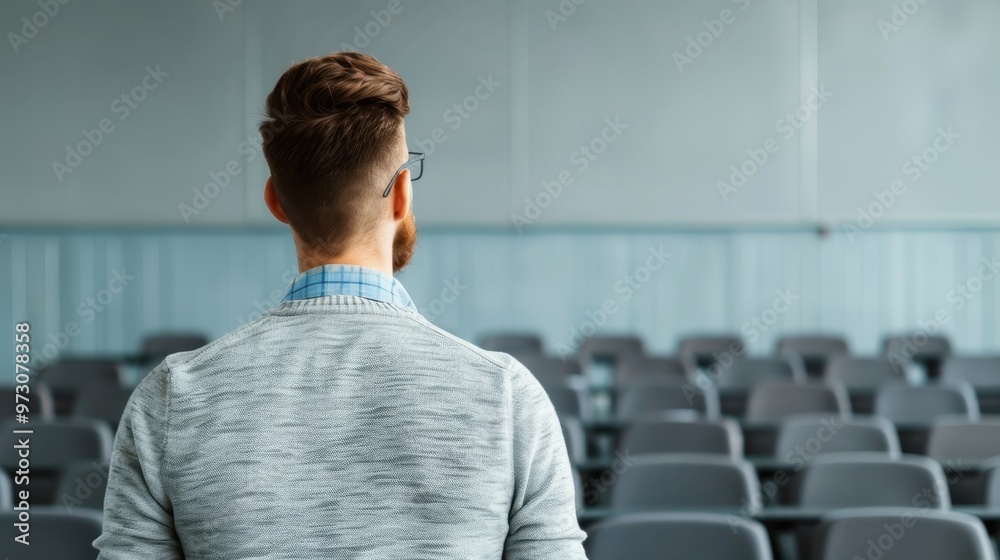 A man standing in an empty lecture hall, facing rows of chairs, preparing for a presentation or class in a quiet academic setting. A man standing in an empty lecture hall, facing rows of chairs, preparing for a presentation or class in a quiet academic setting.